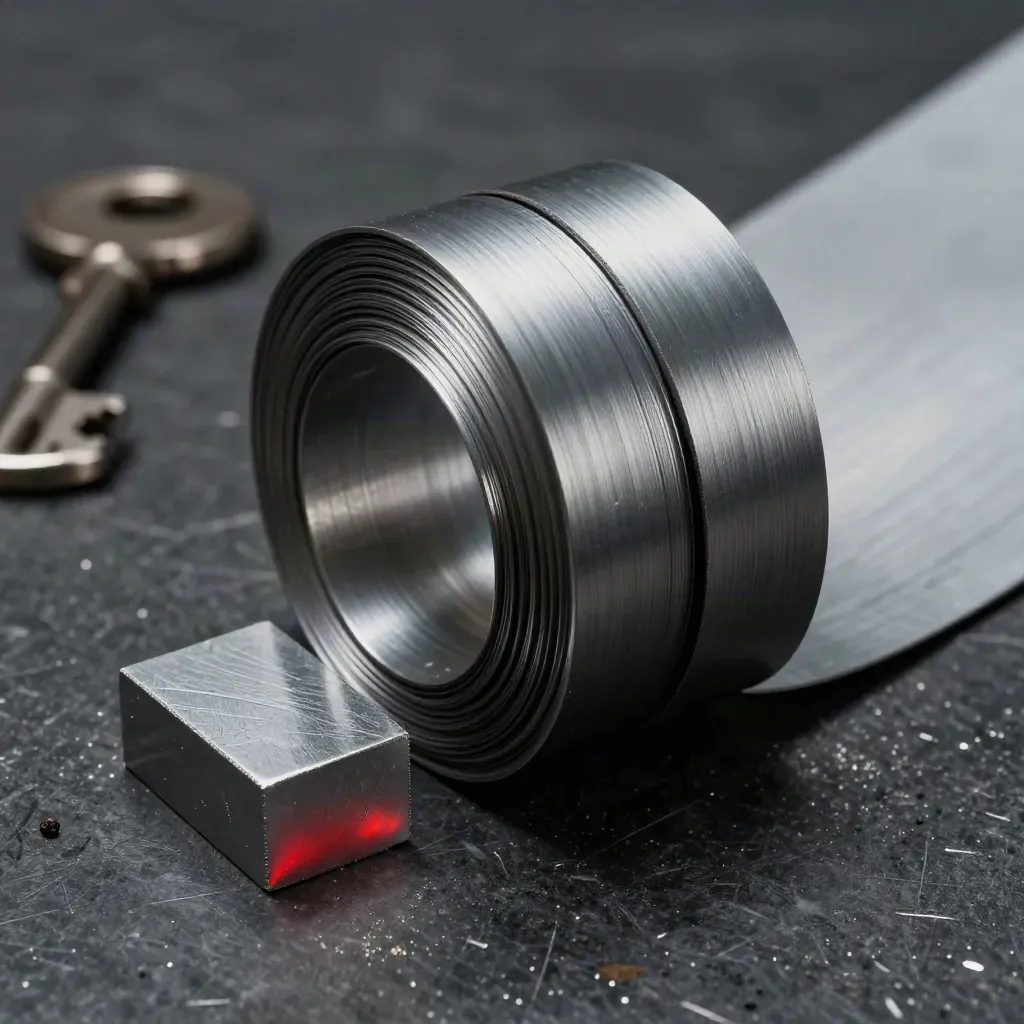 Bundled cold-rolled steel strip with spacer and billet-end sample on dark stone.