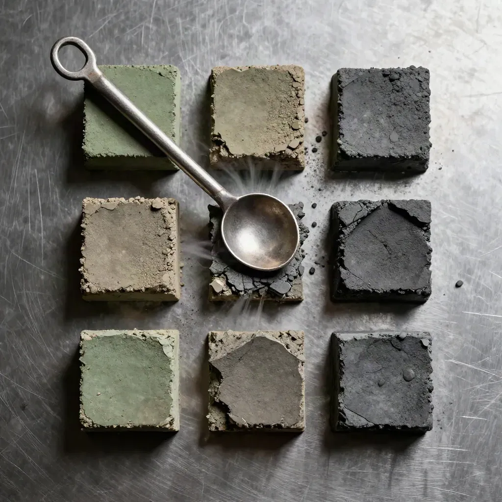 Macro flat lay of foundry mould blocks, crucible shards and a worn ladle hook on brushed steel.