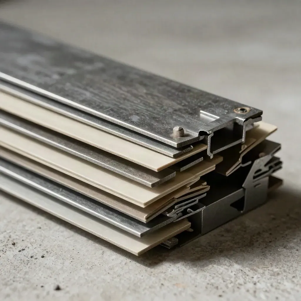 Trimmed sheet-metal offcuts and a clamp block on pale concrete, side-lit with fine grit.