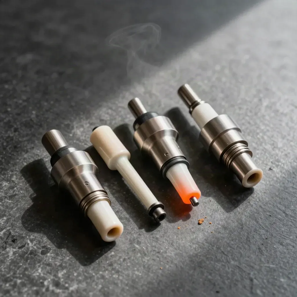 Top-down still life of burner nozzles, igniter rods, and gasket rings on graphite stone