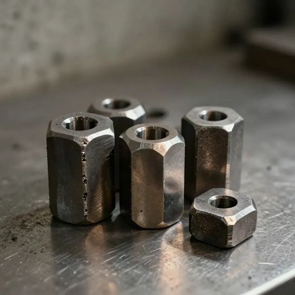 Macro still life of forging dies, die spacer and anvil cap on brushed steel