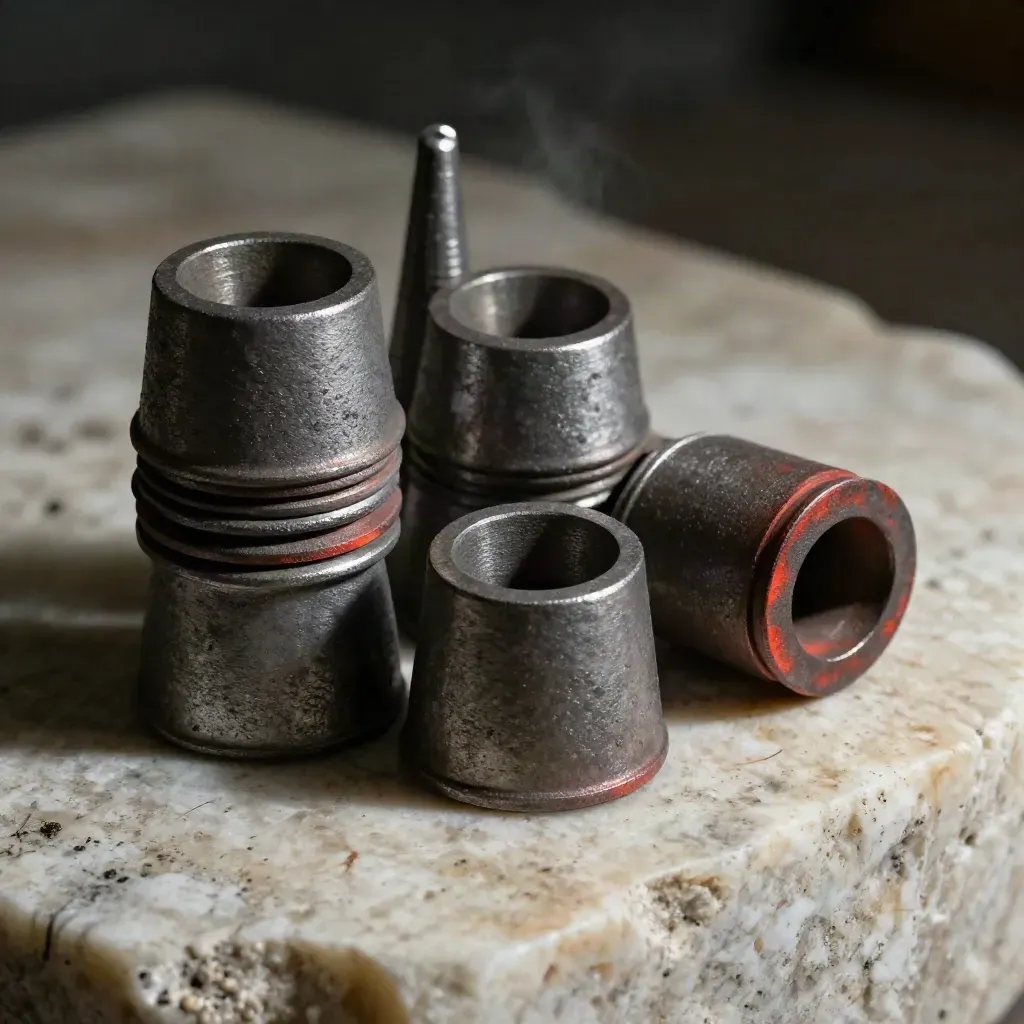 Cooling cast sprue trees and a crucible rim on travertine under dramatic studio light.