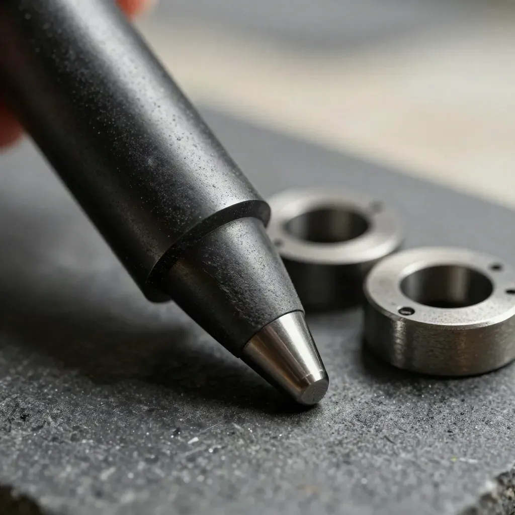 Extreme macro of a stopper rod tip, launder tile, and two alignment collars on stone.