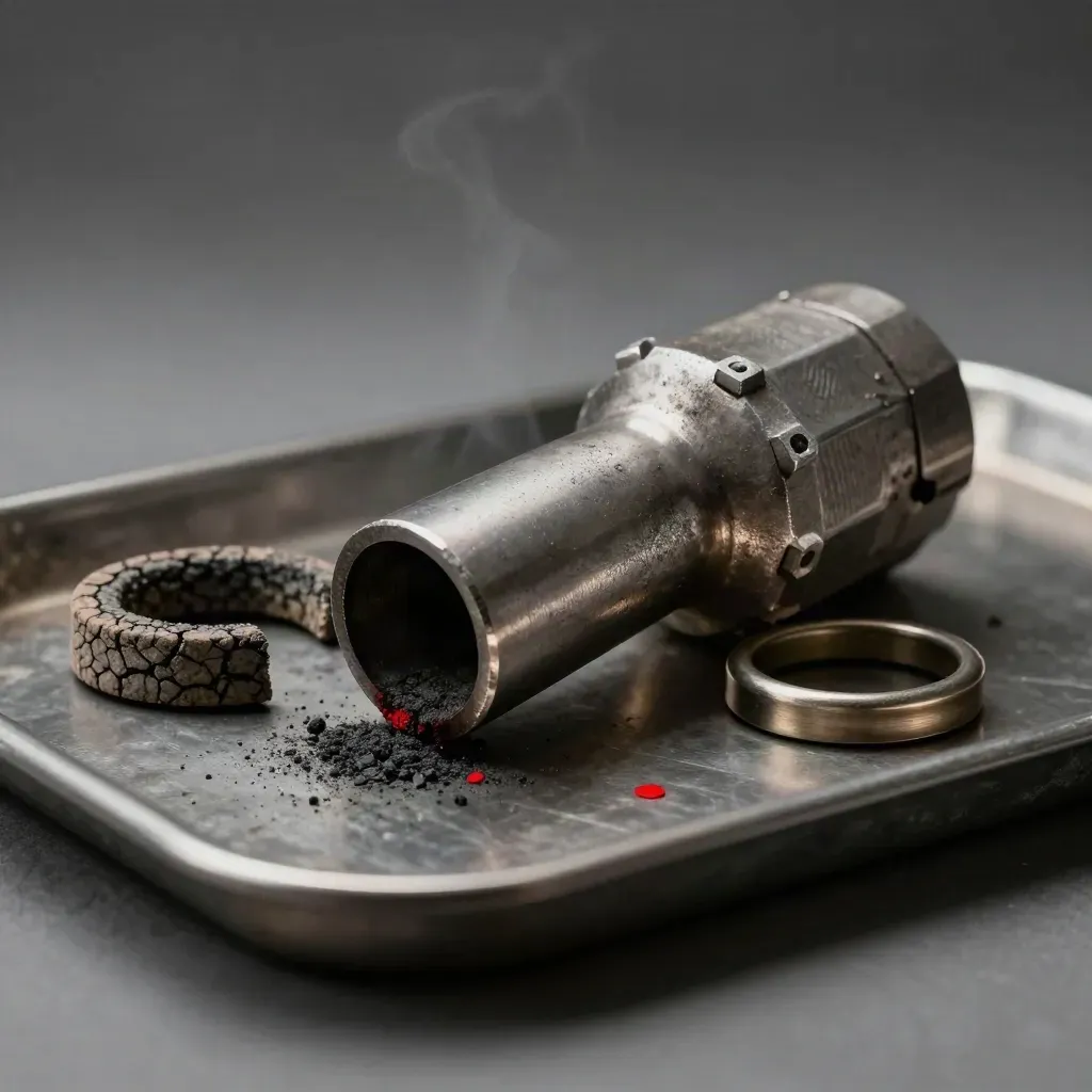 Burner nozzle, refractory gasket and retaining ring on a metal tray with faint steam