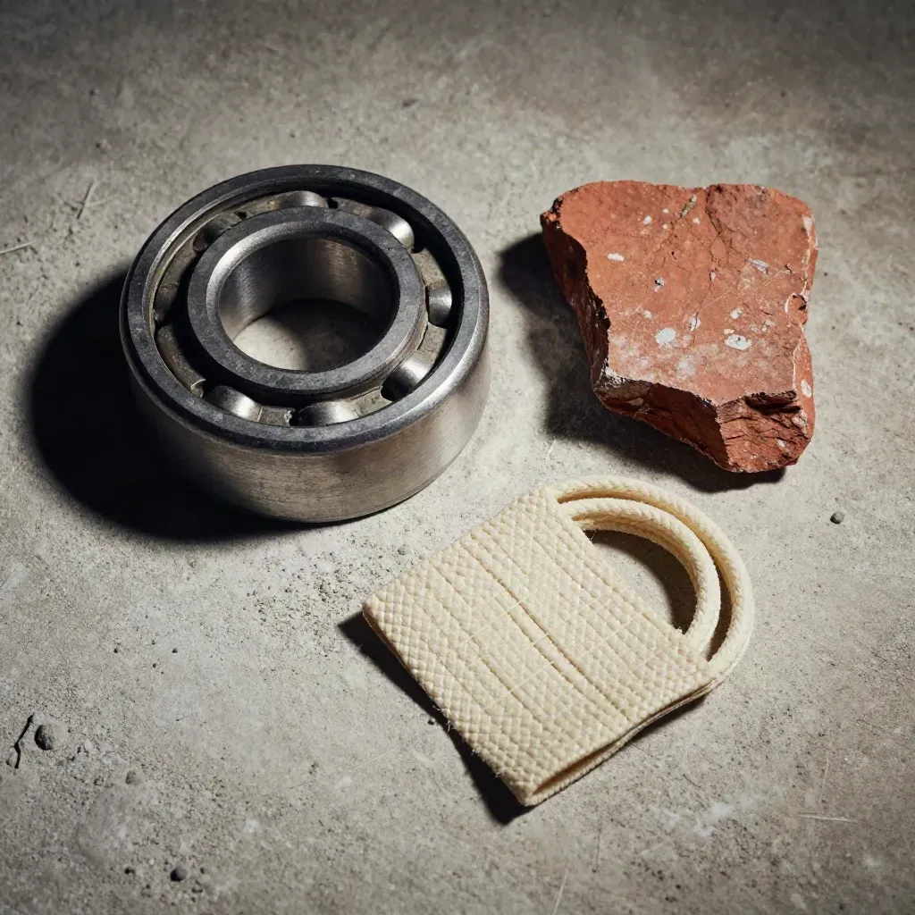 Top-down kiln care still life of bearing, firebrick shard and seal rope sample