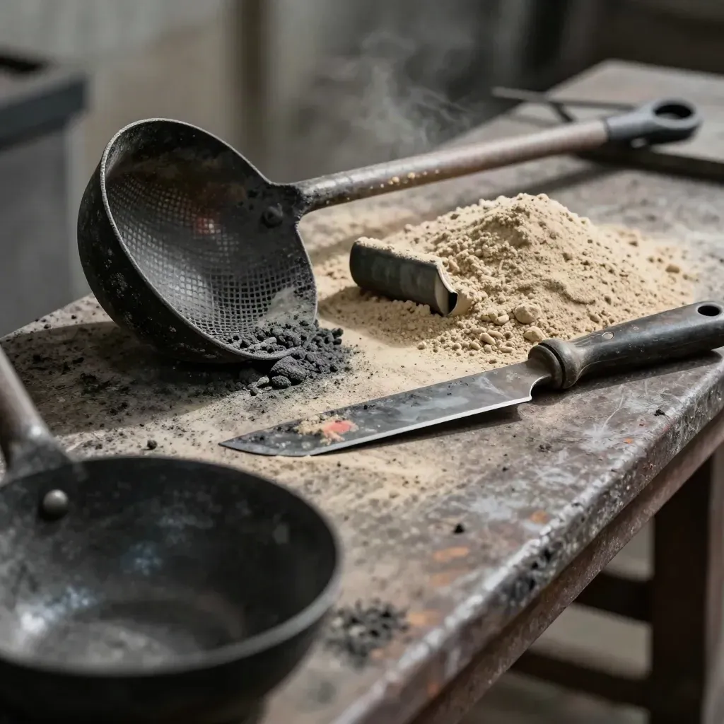 Foundry bench still life with ladle rim, skimmer head, and moulding flask corner.
