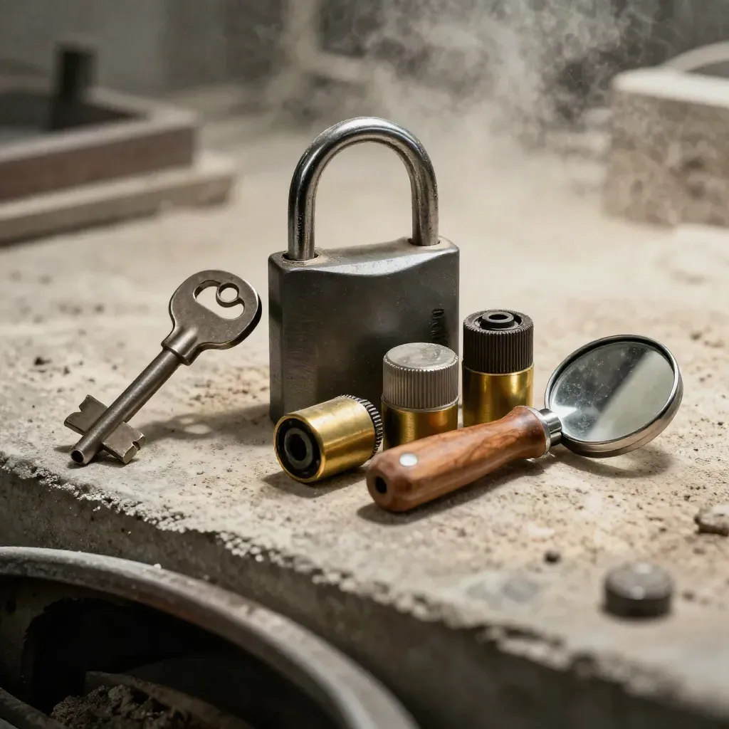 Lockout padlocks, burner tips and an inspection mirror on a concrete ledge for plant audits.