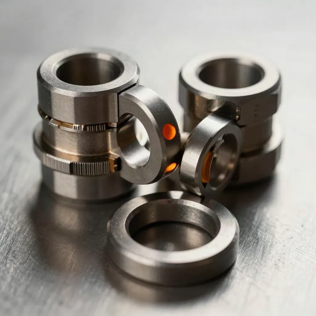 Top-down macro of machined coupling halves and steel rings on brushed metal