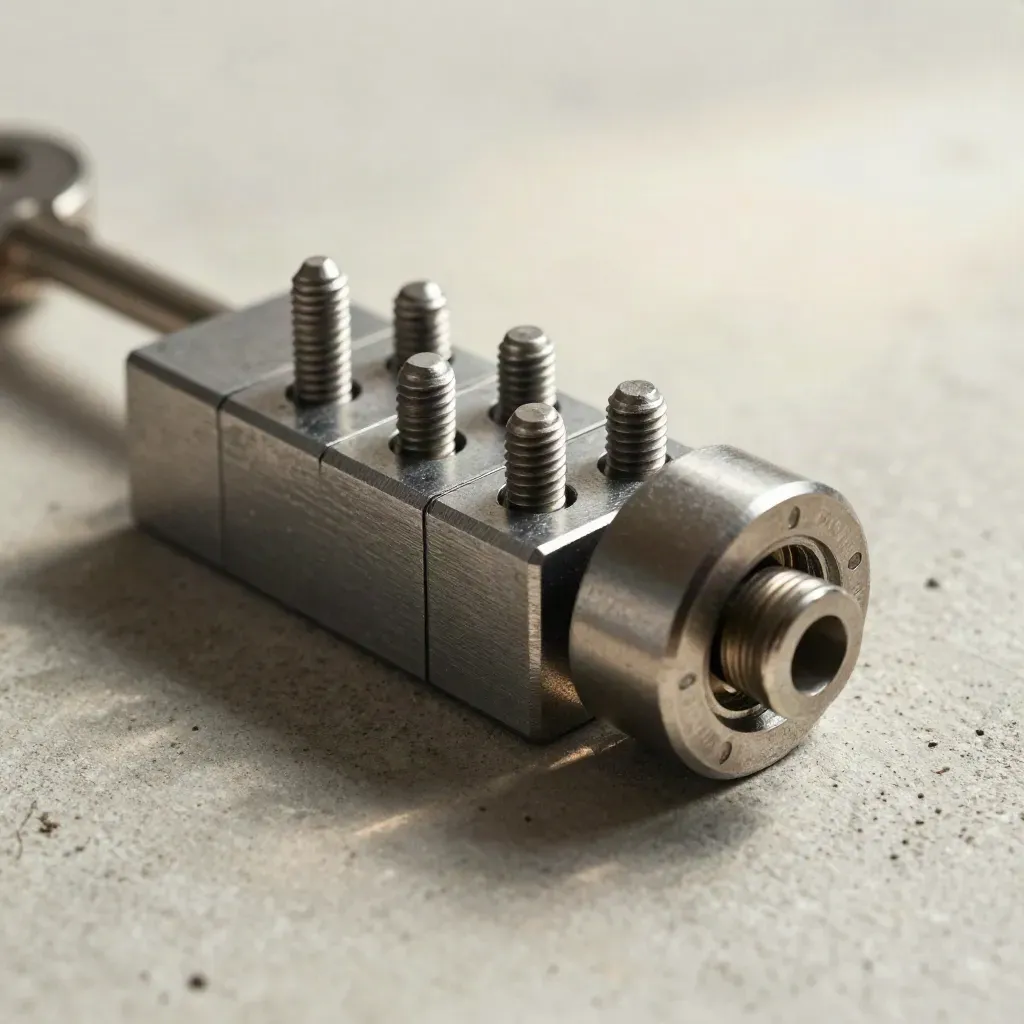 Steel connector blocks and pins locked together on pale concrete, dramatically lit.