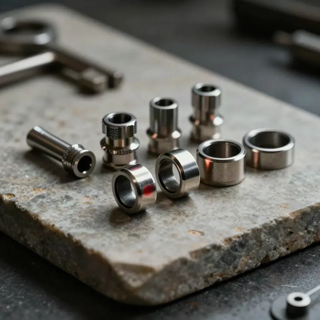 Precision connector sleeves and rings on stone, side-lit with a subtle red accent.