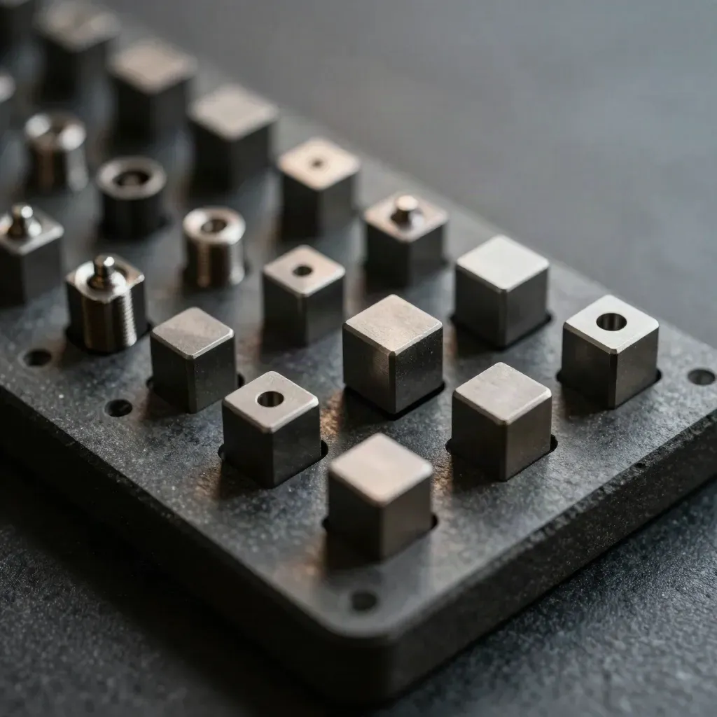 Top-down macro of graphite spacer cubes, alignment pins and threaded inserts on charcoal stone.